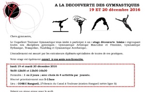 Stage loisirs &quot;Découverte des gymnastiques&quot; 19 et 20 décembre 2016 - Cosec Rangueil